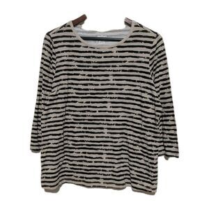 Norm Thompson Prima Womens 3/4 Sleeve Painted Striped Shirt Top L Tan Black